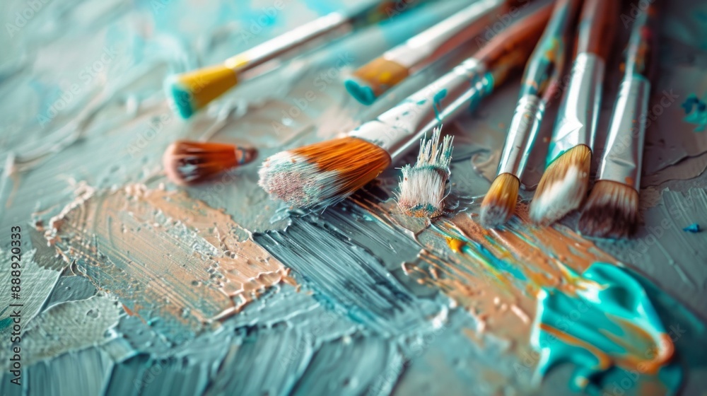 Obraz premium A group of paintbrushes are laid out on a table with paint on the table