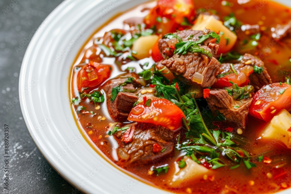 Red Tomato Soup with Beef, Greens and Vegetables, Rich Hot Veal Meat Broth with Tomatoes, Potatoes Red Tomato Soup with Beef, Greens and Vegetables, Rich Hot Veal Meat Broth with Tomatoes, Potatoes