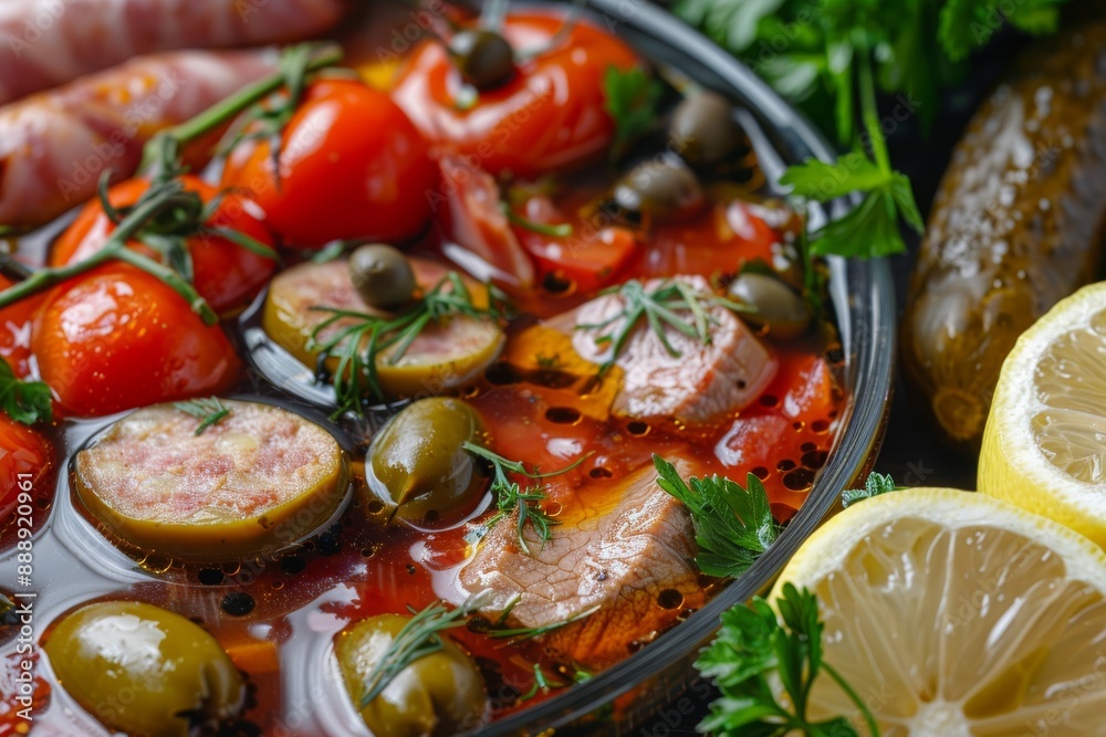 Meat Solyanka, Soljanka or Saltwort Soup with Beef, Ham, Sausages, Chicken Breast, Cucumber Pickles Meat Solyanka, Soljanka or Saltwort Soup with Beef, Ham, Sausages, Chicken Breast, Cucumber Pickles