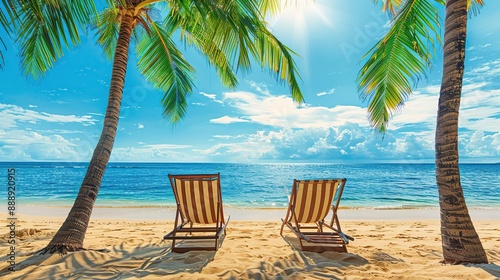 Beautiful panoramic sea sand sky. Tropical relax beach sunny summer island landscape. Love couple chairs umbrella palm leaves romantic coast. Luxury travel destination.