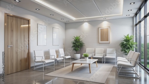 Sleek modern hospital waiting room with empty white poster, stylish chairs, and advanced medical equipment scattered around the vacant space.