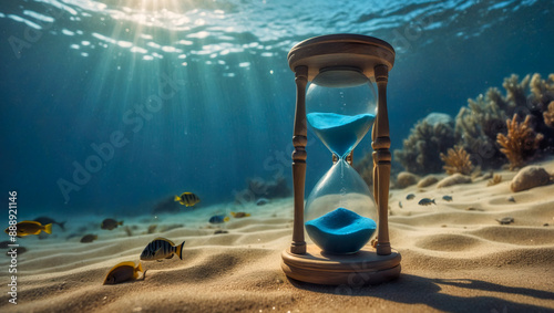 Hourglass in the underwater in the ocean.Time measuring concept.Ai Generated