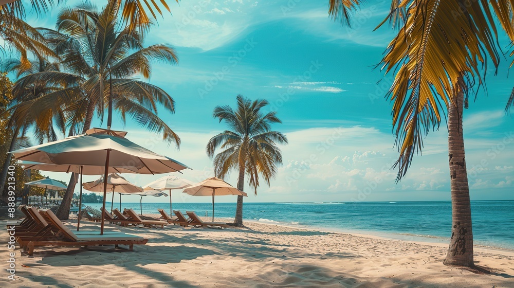 Empty beach with beach bar. Leisure loungers with sun beds and umbrellas. Tropical scene, luxury travel design. Palm trees sandy shore, calm waves. Copy space for text.