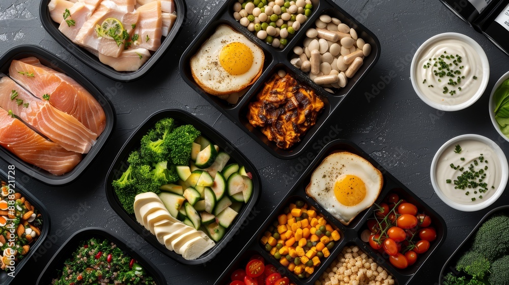 Top view of a fitness enthusiast's meal prep, showcasing balanced portions of proteins, healthy carbs, and supplements in a tidy layout Top view of a fitness enthusiast's meal prep, showcasing balanced portions of proteins, healthy carbs, and supplements in a tidy layout