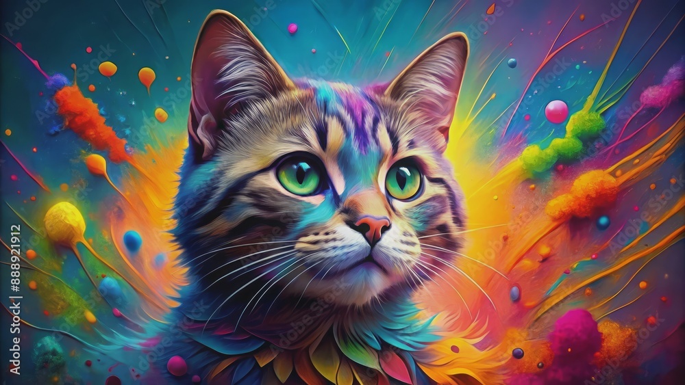 Vibrant whimsical feline illustration overflowing with kaleidoscopic splashes of colorful paints, perfect for decorating walls and adding playful charm. Vibrant whimsical feline illustration overflowing with kaleidoscopic splashes of colorful paints, perfect for decorating walls and adding playful charm.
