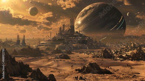 Fototapeta Naklejka Na Ścianę i Meble -  Fictional Background: Fictional Planet Futuristic City and the Journey through an Alien Planet Surface in Sci-Fi Exploration
