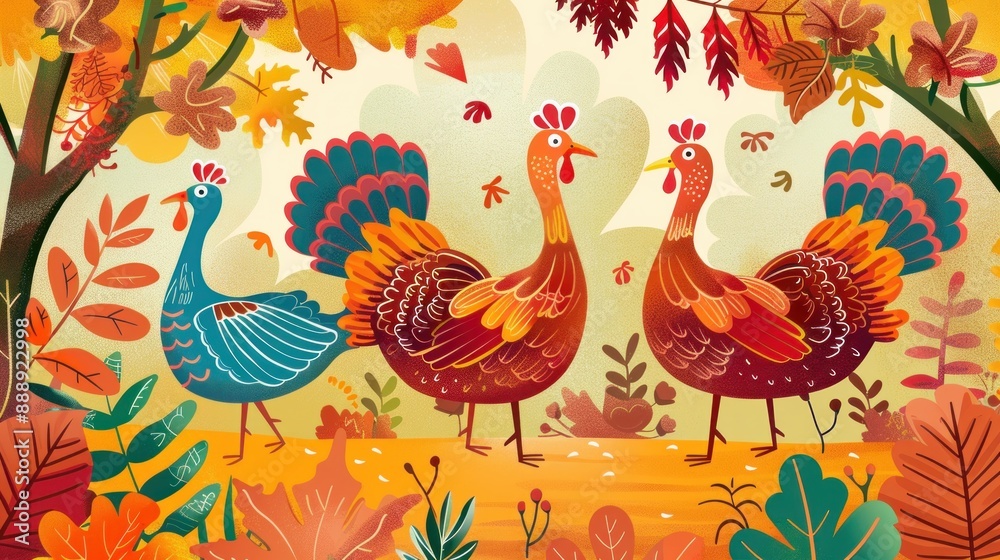 Obraz premium Three Turkeys in Autumnal Foliage