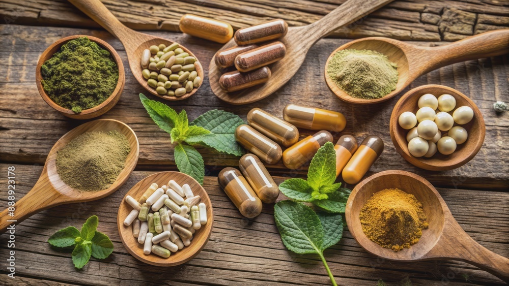 Organic maca powder and herbal capsules arranged on a rustic wooden background, symbolizing natural and holistic health supplement options. Organic maca powder and herbal capsules arranged on a rustic wooden background, symbolizing natural and holistic health supplement options.