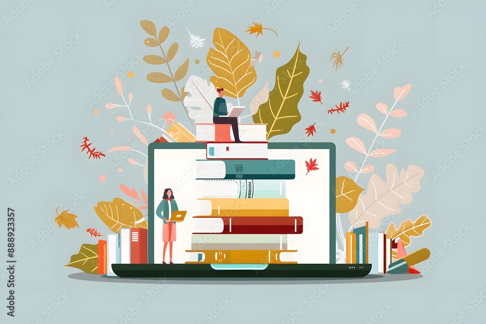 Students learning with laptops among books and autumn leaves, symbolizing online education Students learning with laptops among books and autumn leaves, symbolizing online education