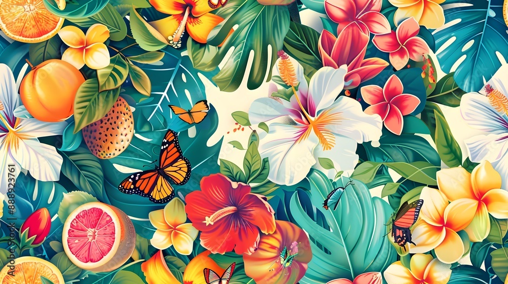 Vibrant Tropical Garden Seamless Floral Pattern with Lush Foliage Fruit and Whimsical Butterflies Vibrant Tropical Garden Seamless Floral Pattern with Lush Foliage Fruit and Whimsical Butterflies