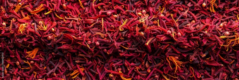 Fototapeta premium Saffron texture background, crocus sativus flowers pattern, dry herbal petals banner, aromatic herbs