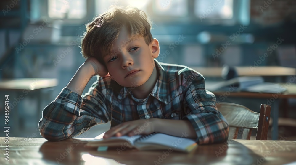 Tired and bored boy sitting at desk in classroom at school, writing in notebook and thinking, resting head on hand. copy space for text. Tired and bored boy sitting at desk in classroom at school, writing in notebook and thinking, resting head on hand. copy space for text.