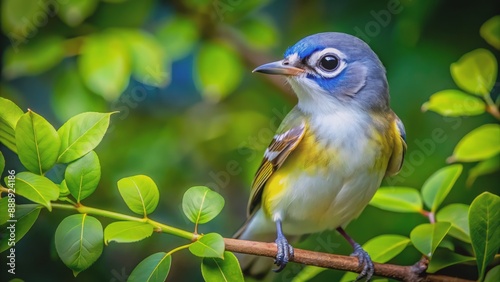 Vibrant blue-headed vireo perched on branch amidst lush green foliage with subtle morning light casting warm golden undertones. photo