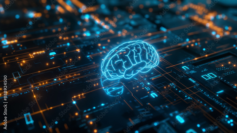 Glowing blue brain on a digital circuit board. Artificial intelligence and neural network concept background with copy space Glowing blue brain on a digital circuit board. Artificial intelligence and neural network concept background with copy space