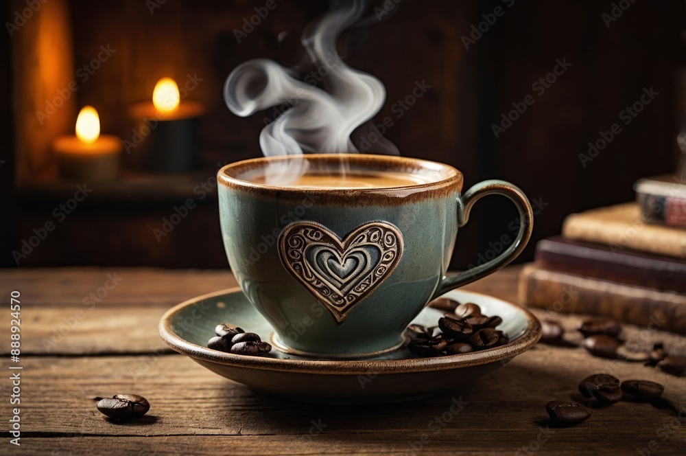 Close-up of steaming cup of coffee with heart design and beans on rustic wooden table Close-up of steaming cup of coffee with heart design and beans on rustic wooden table
