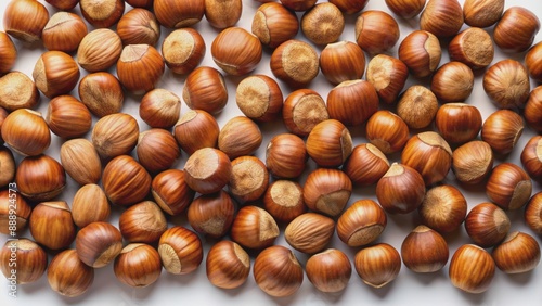 Arrange of roasted hazelnuts scattered artisticly isolated on pristine white background with subtle shadows and vibrant earthy tones. photo