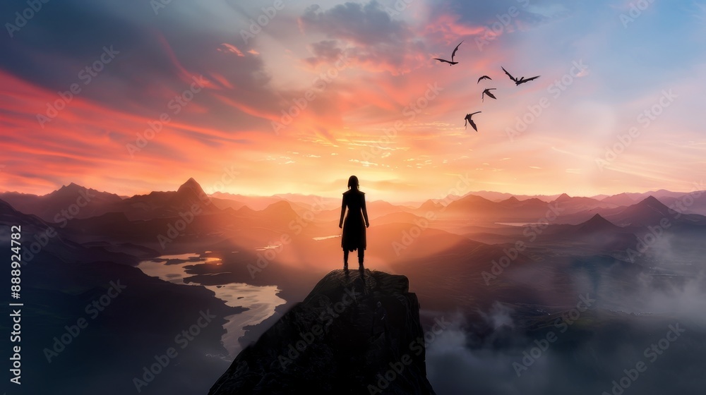 Fantasy book cover art depicting a brave heroine standing atop a cliff, overlooking a vast, mystical land with dragons in the sky Fantasy book cover art depicting a brave heroine standing atop a cliff, overlooking a vast, mystical land with dragons in the sky