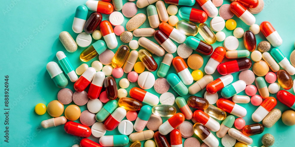 A vibrant collection of various pills, capsules and tablets on a bright background symbolizing medicines, supplements and medical services A vibrant collection of various pills, capsules and tablets on a bright background symbolizing medicines, supplements and medical services