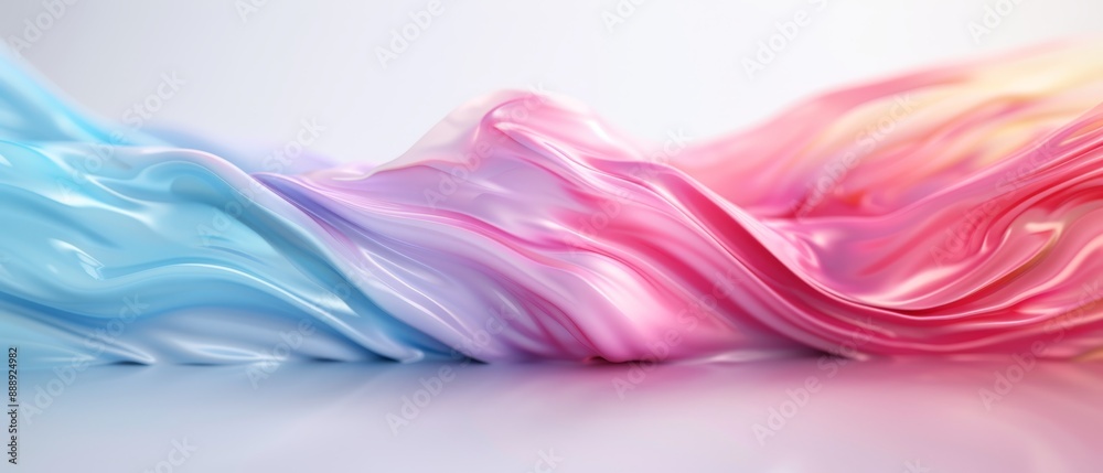  A multicolored wave of fluid paint against a white backdrop, mirroring light at its base