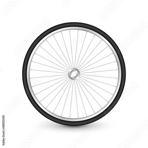 Realistic 3d bicycle wheel. Bike rubber tire, shiny metal spokes and rim. Fitness cycle, touring, sport, road and mountain bike. Vector illustration