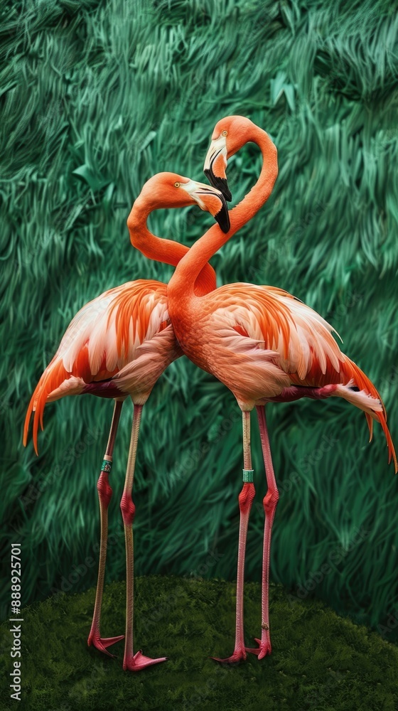 Two Pink Flamingos Intertwined in a Romantic Embrace Against a Lush Green Background Two Pink Flamingos Intertwined in a Romantic Embrace Against a Lush Green Background