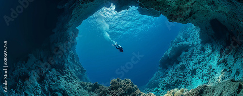Obraz na płótnie Capture the thrill of deep sea diving from a unique perspective with a birds-eye view Show the vastness and excitement of underwater adventures in a visually stunning and captivating image w salonie