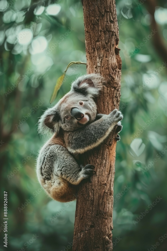 Fototapeta premium Koala Holding onto a Tree Trunk