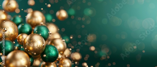  A green and golden Christmas ornament against a green backdrop, surrounded by a softly blurred swirl of gold and green balls
