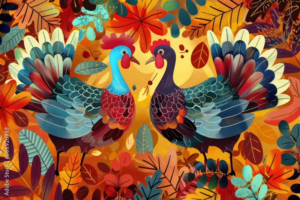 Two Roosters Amidst Autumnal Foliage Two Roosters Amidst Autumnal Foliage