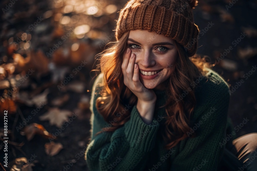Autumn portrait. Close-up of a red-haired young woman with expressive green eyes in a knitted hat and sweater. The girl laughs in the rays of the setting autumn sun. Autumn portrait. Close-up of a red-haired young woman with expressive green eyes in a knitted hat and sweater. The girl laughs in the rays of the setting autumn sun.