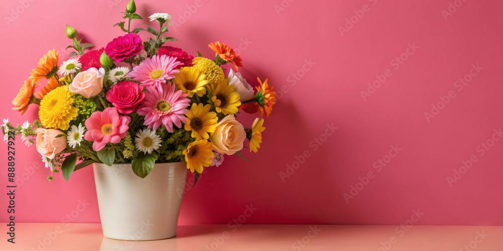 A bright potted flower arrangement on a bright background is perfect for celebrating spring and adding vibrant colors A bright potted flower arrangement on a bright background is perfect for celebrating spring and adding vibrant colors