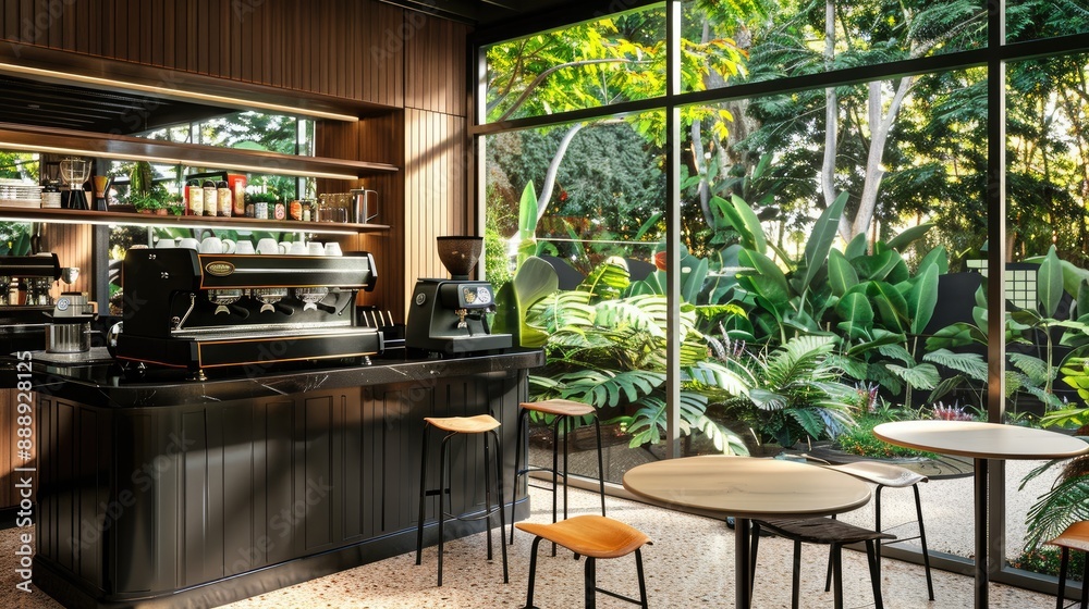 A chic home caf?(C) with a custom coffee bar, high-end espresso machine, bistro tables, and a view of the garden. A chic home caf?(C) with a custom coffee bar, high-end espresso machine, bistro tables, and a view of the garden.