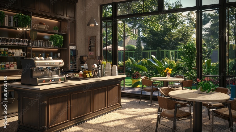 A chic home caf?(C) with a custom coffee bar, high-end espresso machine, bistro tables, and a view of the garden. A chic home caf?(C) with a custom coffee bar, high-end espresso machine, bistro tables, and a view of the garden.