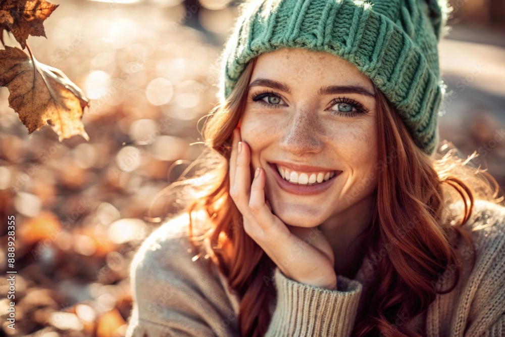 Autumn portrait. Close-up of a red-haired young woman with expressive green eyes in a knitted hat and sweater. The girl laughs in the rays of the setting autumn sun. Autumn portrait. Close-up of a red-haired young woman with expressive green eyes in a knitted hat and sweater. The girl laughs in the rays of the setting autumn sun.