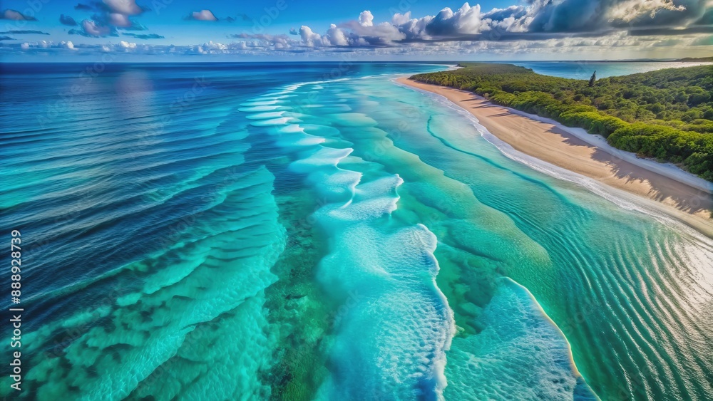 Fototapeta premium Breathtaking high-angle aerial shot of serene turquoise ocean water with intricate waves and ripples, revealing majestic underwater sand patterns.