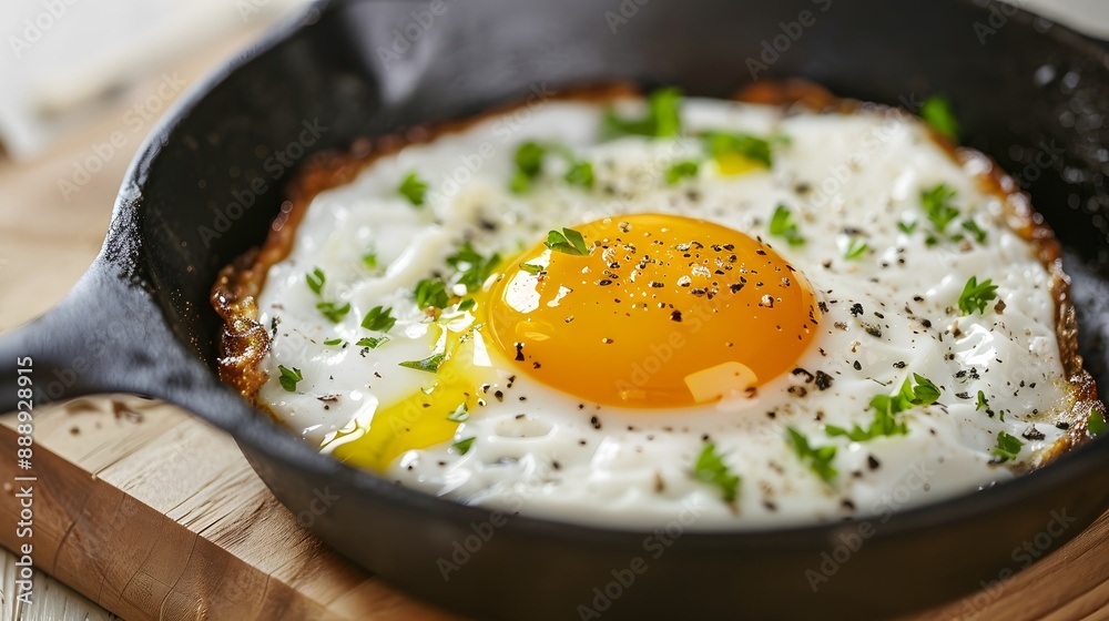 A fried egg with parsley on top of a black pan A fried egg with parsley on top of a black pan