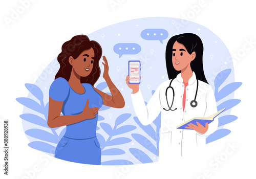 Menstrual cycle tracker mobile app. The doctor is holding a smartphone with graphic representation of period calendar. Vector illustration.
