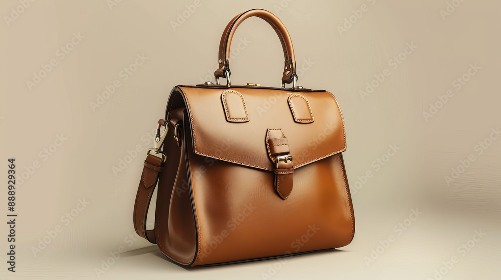 A stylish women's bag in brown and beige shades lies on a beige coat background.