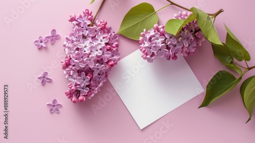 Valentine s Day greeting card featuring lilac flower Top view mockup with room for text photo