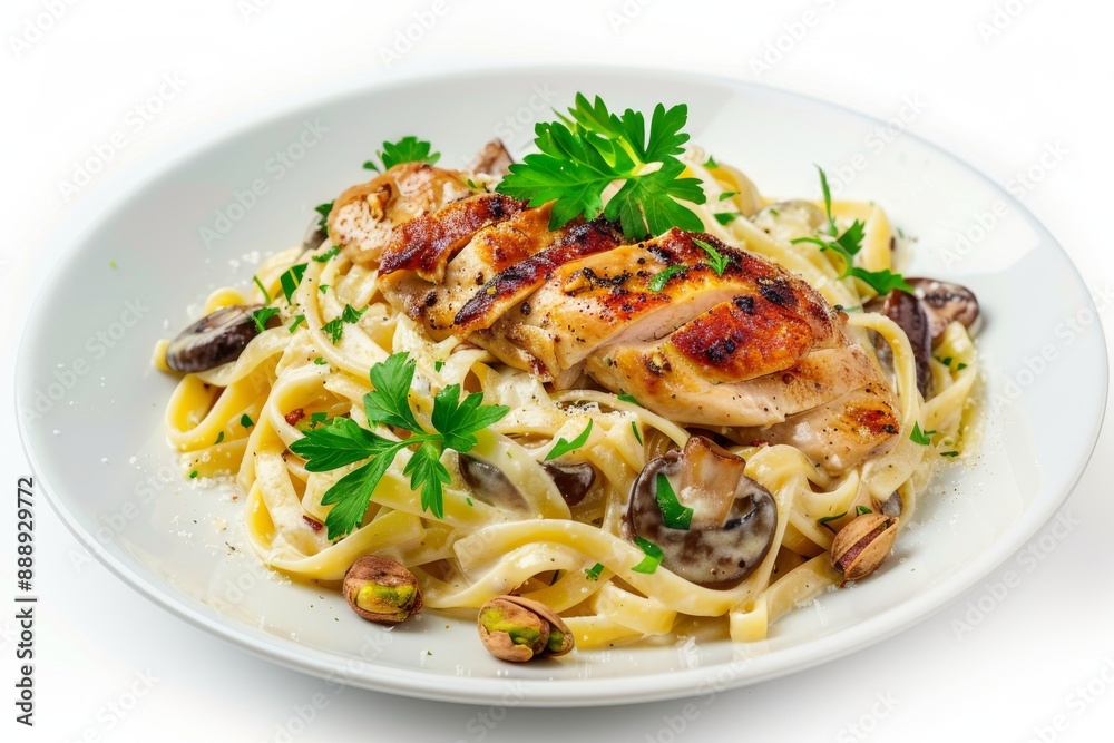 Italian Pasta with Chicken Fillet, Cream, Parmesan Espuma, Cheese, Pistachios, Olive Salt and Parsley Italian Pasta with Chicken Fillet, Cream, Parmesan Espuma, Cheese, Pistachios, Olive Salt and Parsley