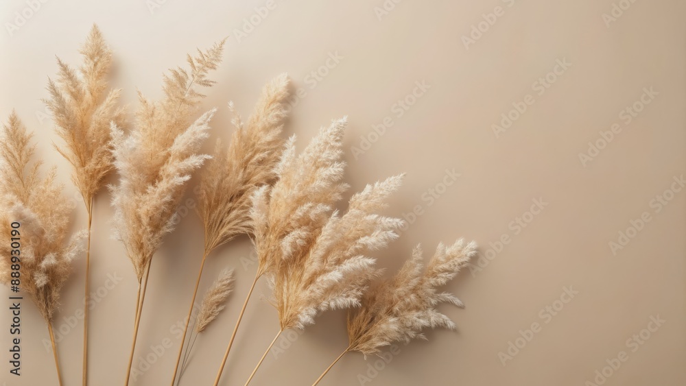 Natural pampas branch flowers spread elegantly on a neutral beige background, creating a minimalist, stylish, and beautiful pattern for copy space. Natural pampas branch flowers spread elegantly on a neutral beige background, creating a minimalist, stylish, and beautiful pattern for copy space.