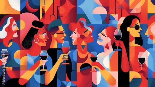 A vibrant wine festival with bold, geometric shapes and primary colors, people celebrating