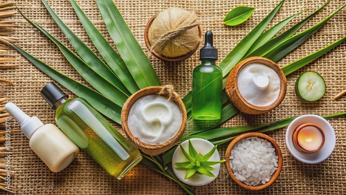 Earthy toned arrangement of natural skin care products with botanical ingredients and eco-friendly packaging on a woven fabric background. photo