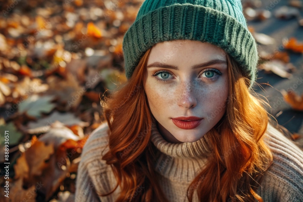 Autumn portrait. Close-up of a red-haired young woman with expressive green eyes in a knitted hat and sweater. Autumn portrait. Close-up of a red-haired young woman with expressive green eyes in a knitted hat and sweater.