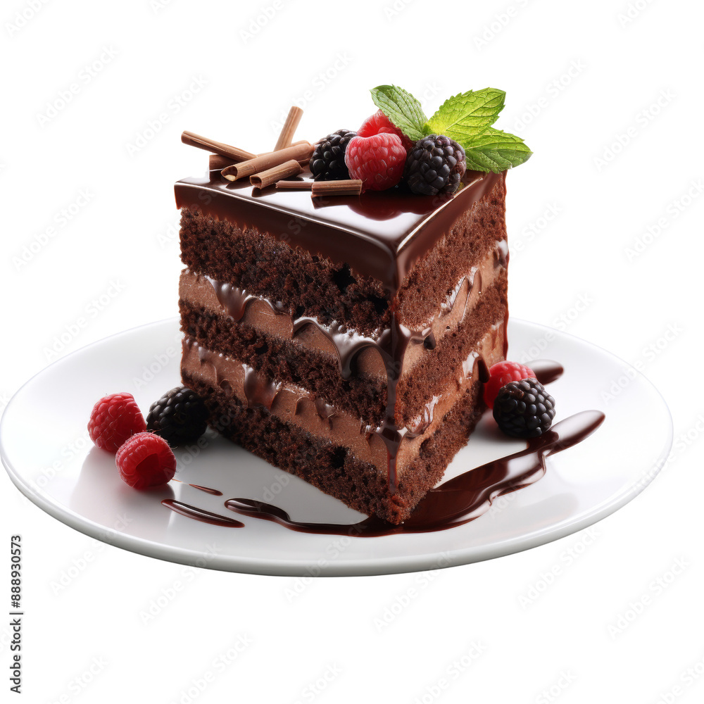 Delicious slice of chocolate cake with berries and chocolate drizzle on a white plate, perfect for dessert presentations and food photography. Delicious slice of chocolate cake with berries and chocolate drizzle on a white plate, perfect for dessert presentations and food photography.