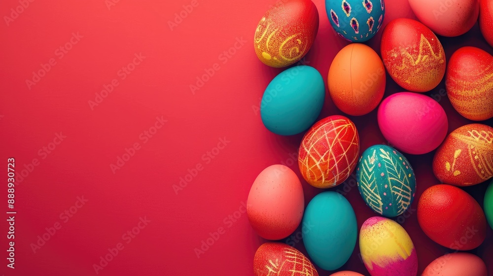 Vibrant Easter eggs on red background with room for text Vibrant Easter eggs on red background with room for text