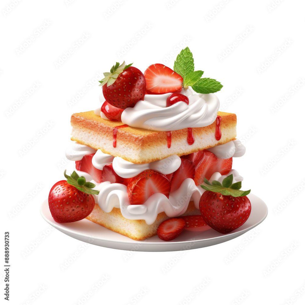 Delicious strawberry shortcake with fresh strawberries, whipped cream, and mint garnish on a white plate. Delicious strawberry shortcake with fresh strawberries, whipped cream, and mint garnish on a white plate.