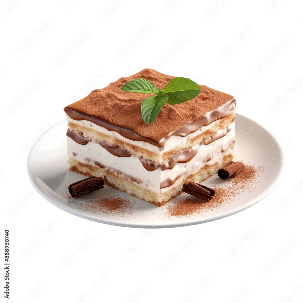 Delicious tiramisu dessert on white plate with cocoa powder and mint garnish. Perfect for food photography and culinary presentations. Delicious tiramisu dessert on white plate with cocoa powder and mint garnish. Perfect for food photography and culinary presentations.