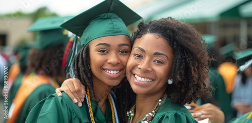 Two Graduates Smile Together During a Sunny Graduation Ceremony