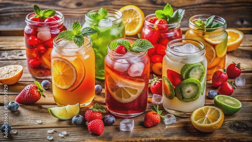 Vibrant arrangement of colorful iced fruit drinks, garnished with fruits and herbs, on rustic wooden background, exuding summer refreshment atmosphere photo